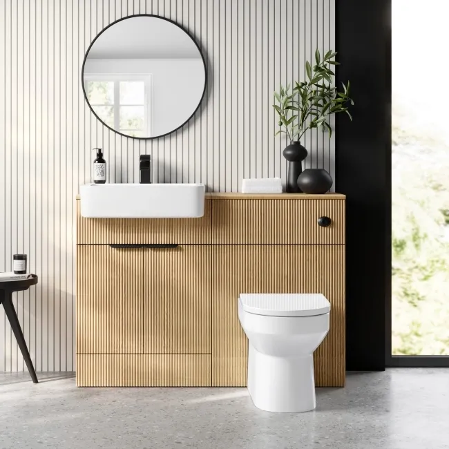 Sicily Fluted Country Oak Combination Vanity Basin and Miami Toilet 1200mm - Black Accents