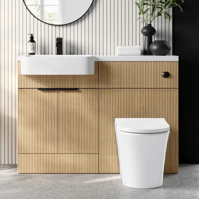 Sicily Fluted Country Oak Combination Vanity Basin and Tucson Toilet 1200mm - Black Accents - Left Handed