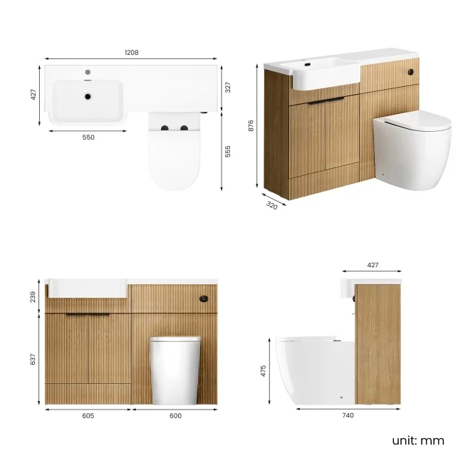 Sicily Fluted Country Oak Combination Vanity Basin and Utah Comfort Height Toilet 1200mm - Black Accents - Left Handed
