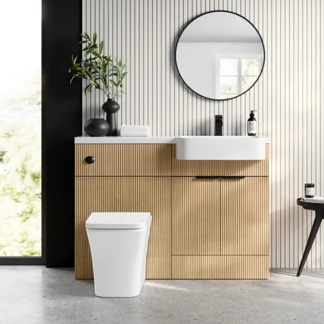 Sicily Fluted Country Oak Combination Vanity Basin and Houston Toilet 1200mm - Black Accents - Right Handed
