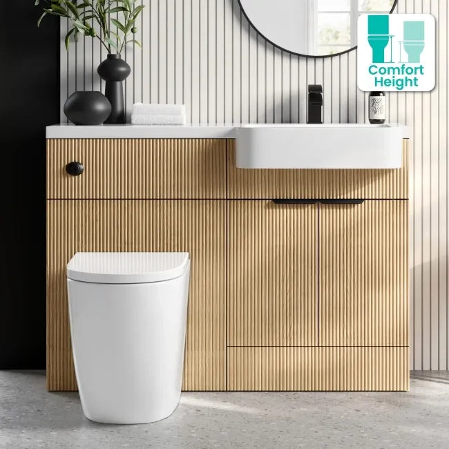 Sicily Fluted Country Oak Combination Vanity Basin and Utah Comfort Height Toilet 1200mm - Black Accents - Right Handed