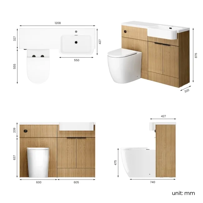 Sicily Fluted Country Oak Combination Vanity Basin and Utah Comfort Height Toilet 1200mm - Black Accents - Right Handed