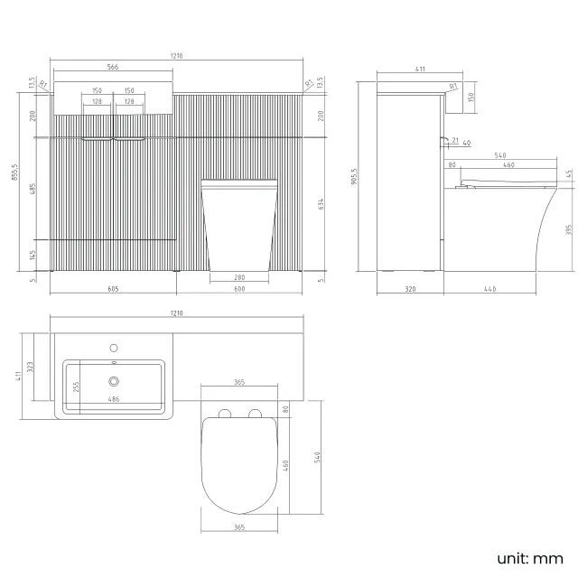 Sicily Fluted Country Oak Combination Vanity Basin with Marble Top & Tucson Toilet 1200mm - Black Accents