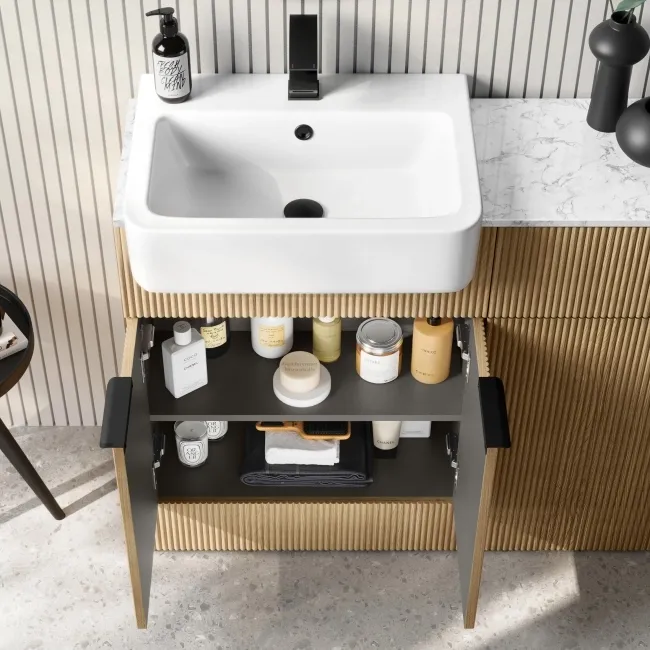 Sicily Fluted Country Oak Combination Vanity Basin with Marble Top & Utah Comfort Height Toilet 1200mm - Black Accents