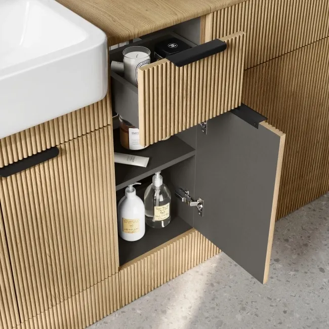 Sicily Fluted Country Oak Combination Vanity Basin and Aruba Toilet 1500mm - Black Accents