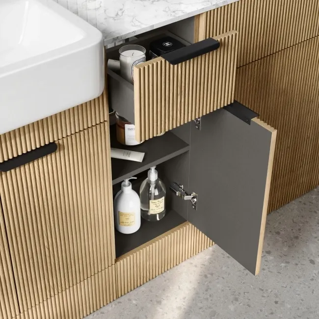 Sicily Fluted Country Oak Combination Vanity Basin with Marble Top 1500mm (Excludes Toilet) - Black Accents