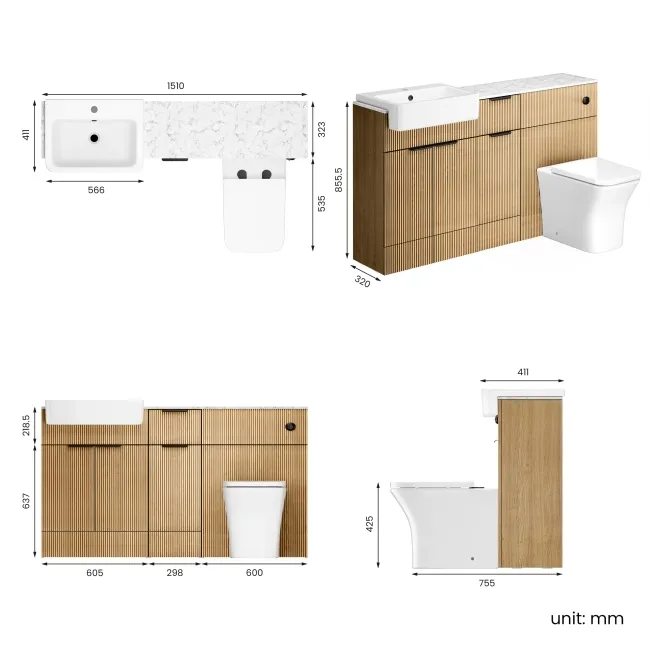 Sicily Fluted Country Oak Combination Vanity Basin with Marble Top & Houston Toilet 1500mm - Black Accents