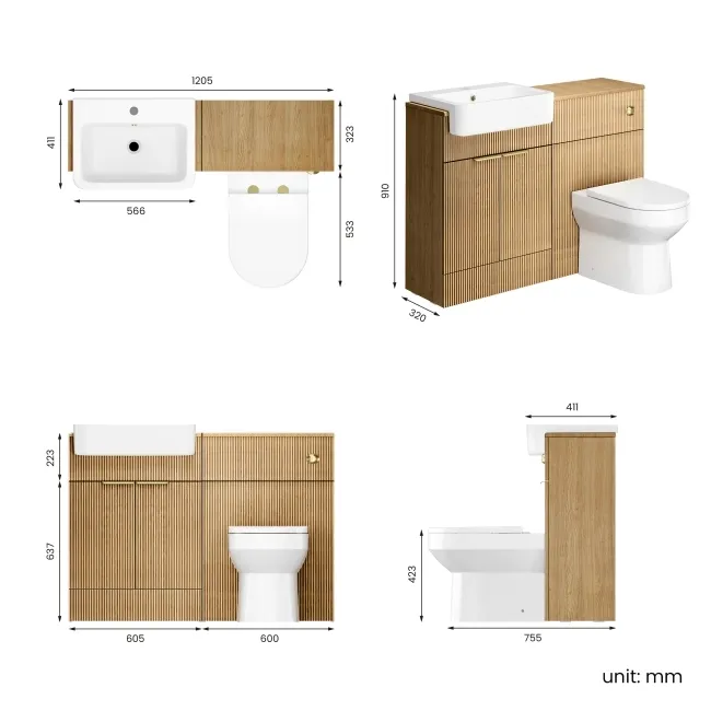 Sicily Fluted Country Oak Combination Vanity Basin and Miami Toilet 1200mm - Brushed Brass Accents