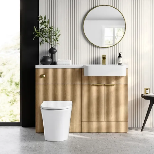 Sicily Fluted Country Oak Combination Vanity Basin and Tucson Toilet 1200mm - Brushed Brass Accents - Right Handed