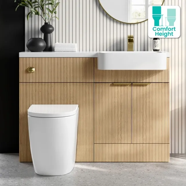 Sicily Fluted Country Oak Combination Vanity Basin and Utah Comfort Height Toilet 1200mm - Brushed Brass Accents - Right Handed