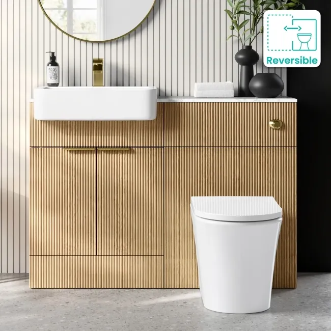 Sicily Fluted Country Oak Combination Vanity Basin with Marble Top & Tucson Toilet 1200mm - Brushed Brass Accents