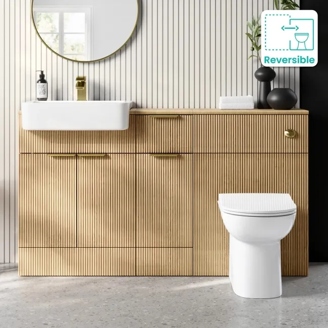 Sicily Fluted Country Oak Combination Vanity Basin and Aruba Toilet 1500mm - Brushed Brass Accents