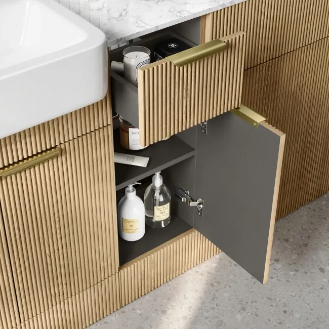 Sicily Fluted Country Oak Combination Vanity Basin with Marble Top 1500mm (Excludes Toilet) - Brushed Brass Accents