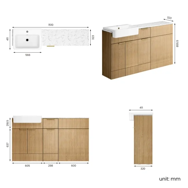 Sicily Fluted Country Oak Combination Vanity Basin with Marble Top 1500mm (Excludes Toilet) - Brushed Brass Accents