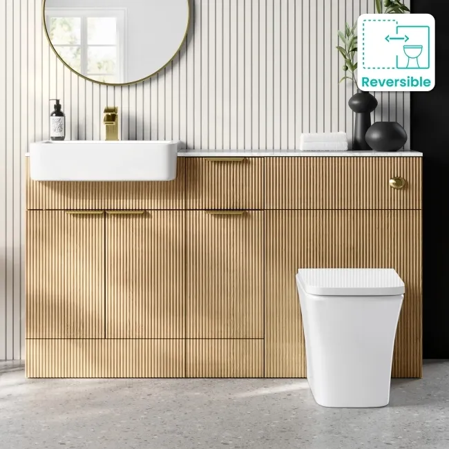 Sicily Fluted Country Oak Combination Vanity Basin with Marble Top & Houston Toilet 1500mm - Brushed Brass Accents