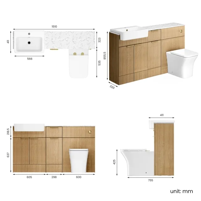 Sicily Fluted Country Oak Combination Vanity Basin with Marble Top & Houston Toilet 1500mm - Brushed Brass Accents