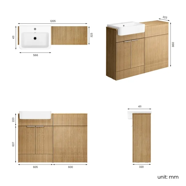 Sicily Fluted Country Oak Basin Vanity and Back To Wall Toilet Unit 1200mm (Excludes Toilet) - Chrome Handles
