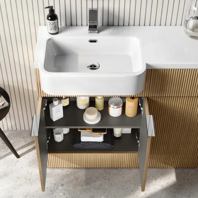 Sicily Fluted Country Oak Combination Vanity Basin and Houston Toilet 1200mm - Chrome Handles - Left Handed