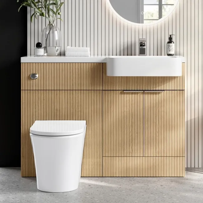 Sicily Fluted Country Oak Combination Vanity Basin and Tucson Toilet 1200mm - Chrome Handles - Right Handed