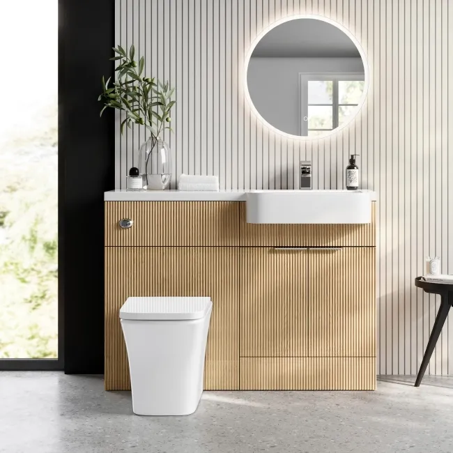 Sicily Fluted Country Oak Combination Vanity Basin and Houston Toilet 1200mm - Chrome Handles - Right Handed