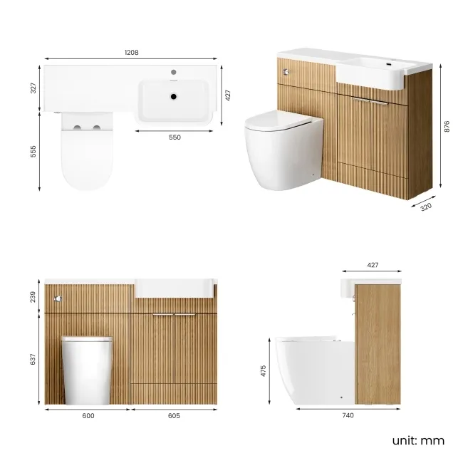 Sicily Fluted Country Oak Combination Vanity Basin and Utah Comfort Height Toilet 1200mm - Chrome Handles - Right Handed