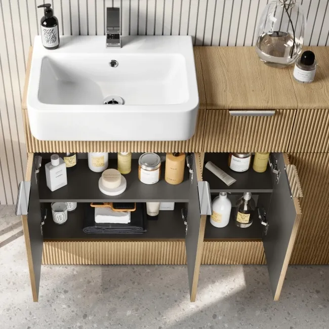 Sicily Fluted Country Oak Combination Vanity Basin 1500mm (Excludes Toilet) - Chrome Handles