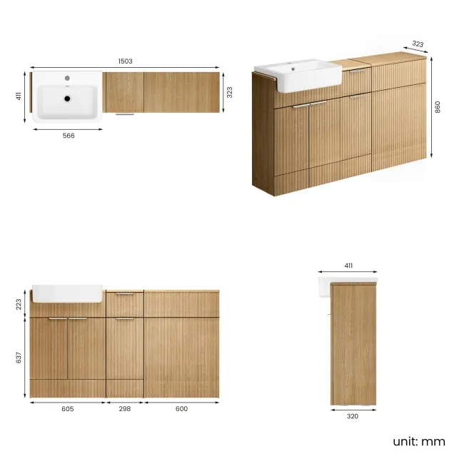 Sicily Fluted Country Oak Combination Vanity Basin 1500mm (Excludes Toilet) - Chrome Handles