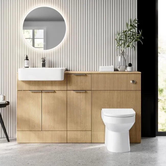 Sicily Fluted Country Oak Combination Vanity Basin and Miami Toilet 1500mm - Chrome Handles