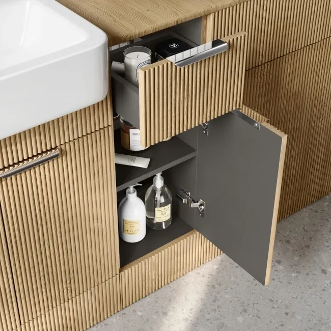 Sicily Fluted Country Oak Combination Vanity Basin and Miami Toilet 1500mm - Chrome Handles