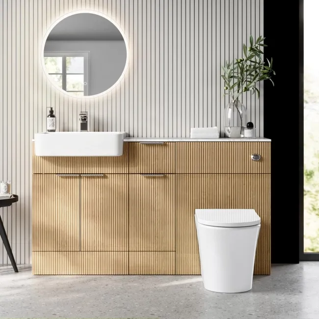 Sicily Fluted Country Oak Combination Vanity Basin with Marble Top & Tucson Toilet 1500mm - Chrome Handles