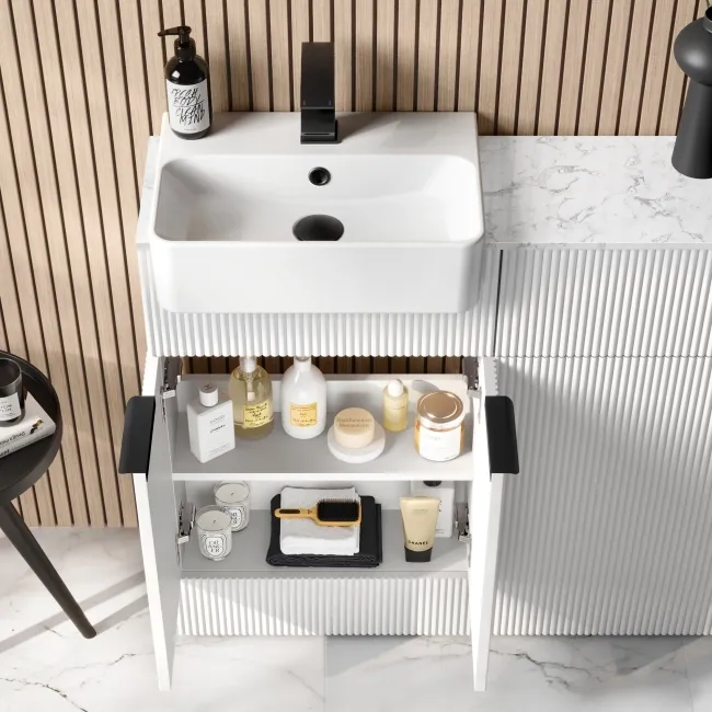 Sicily Fluted Coastal White Combination Vanity Basin with Marble Top & Utah Comfort Height Toilet 1000mm - Black Accents