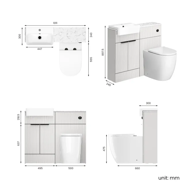 Sicily Fluted Coastal White Combination Vanity Basin with Marble Top & Utah Comfort Height Toilet 1000mm - Black Accents