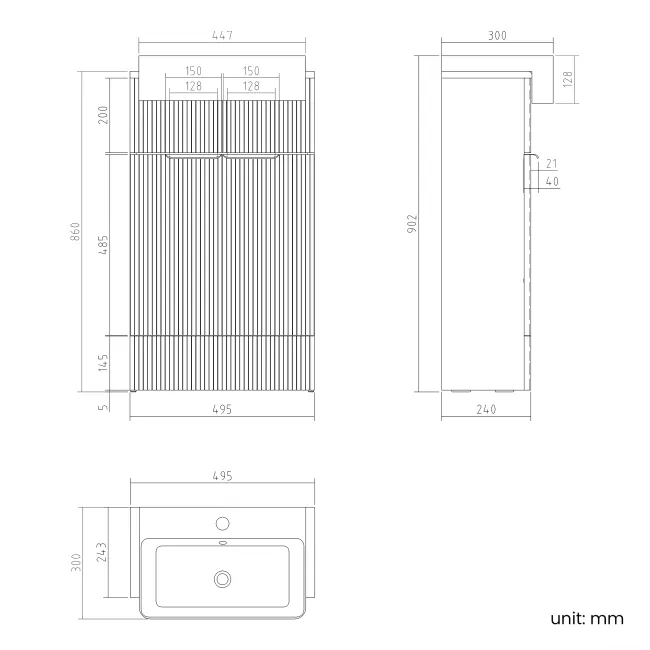 Sicily Fluted Coastal White Vanity with Semi Recessed Basin 500mm - Brushed Brass Accents
