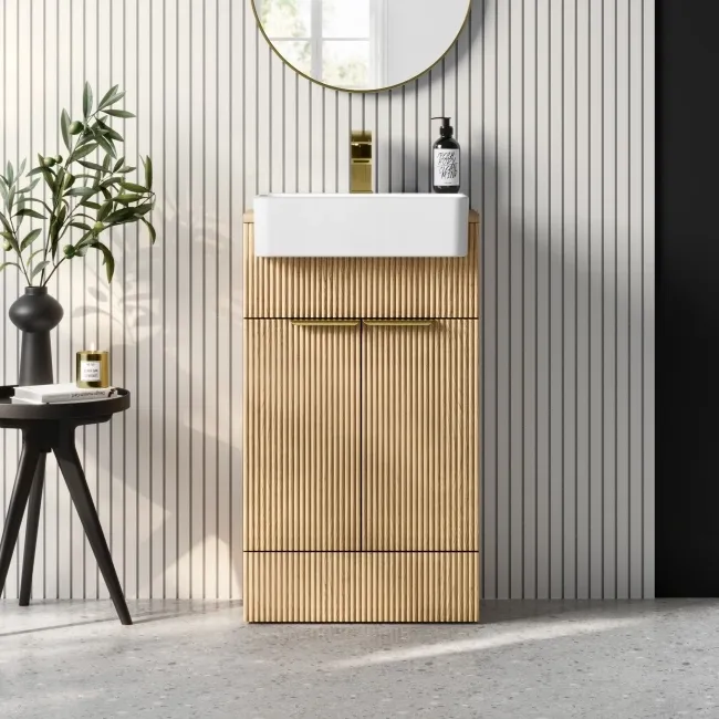 Sicily Fluted Country Oak Vanity with Semi Recessed Basin 500mm - Brushed Brass Accents