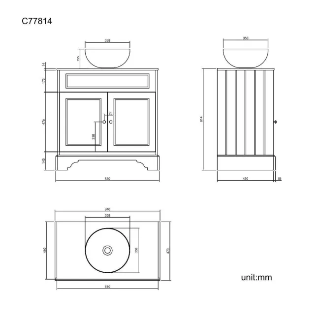 Lucia Inky Blue Vanity with Marble Top & Round Counter Top Basin 840mm