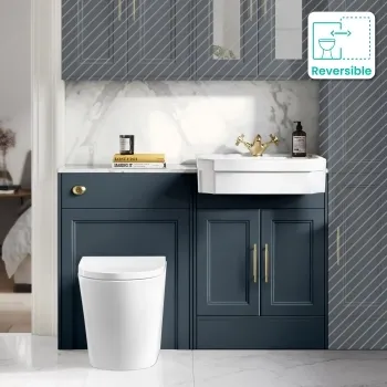 Monaco Inky Blue Combination Vanity Traditional Basin with Marble Top & Boston Toilet 1200mm - Brass Knurled Handles