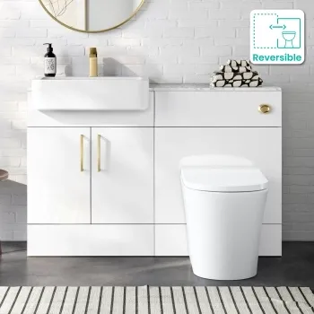 Harper Gloss White Combination Vanity Basin with Marble Top & Tucson Toilet 1200mm - Brushed Brass Accents