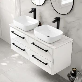Omaha Gloss White Wall Hung Drawer Vanity with Marble Top & Curved Counter Top Basin 1200mm - Black Accents