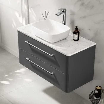Omaha Slate Grey Wall Hung Drawer Vanity with Marble Top & Curved Counter Top Basin 1000mm