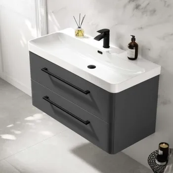 Omaha Slate Grey Wall Hung Basin Drawer Vanity 1000mm - Black Accents