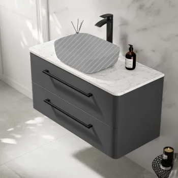 Omaha Slate Grey Wall Hung Drawer Vanity with Marble Top 1000mm (Excludes Counter Top Basin) - Black Accents