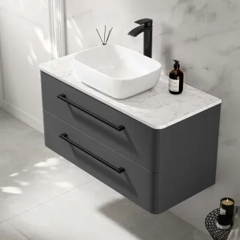 Omaha Slate Grey Wall Hung Drawer Vanity with Marble Top & Curved Counter Top Basin 1000mm - Black Accents
