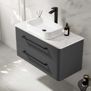 Omaha Slate Grey Wall Hung Drawer Vanity with Marble Top & Marin Basin 1000mm - Black Accents