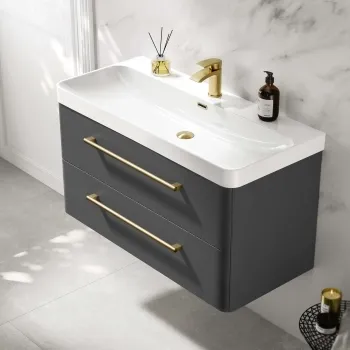 Omaha Slate Grey Wall Hung Basin Drawer Vanity 1000mm - Brushed Brass Accents
