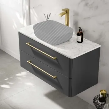 Omaha Slate Grey Wall Hung Drawer Vanity with Marble Top 1000mm (Excludes Counter Top Basin) - Brushed Brass Accents