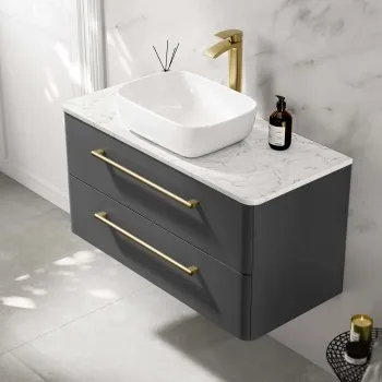Omaha Slate Grey Wall Hung Drawer Vanity with Marble Top & Curved Counter Top Basin 1000mm - Brushed Brass Accents