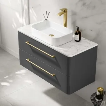 Omaha Slate Grey Wall Hung Drawer Vanity with Marble Top & Marin Basin 1000mm - Brushed Brass Accents