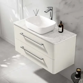 Omaha Linen White Wall Hung Drawer Vanity with Marble Top & Curved Counter Top Basin 1000mm