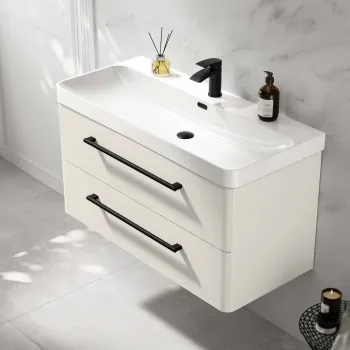 Omaha Linen White Wall Hung Basin Drawer Vanity 1000mm - Black Accents