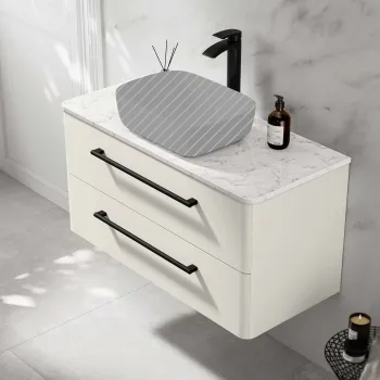Omaha Linen White Wall Hung Drawer Vanity with Marble Top 1000mm (Excludes Counter Top Basin) - Black Accents